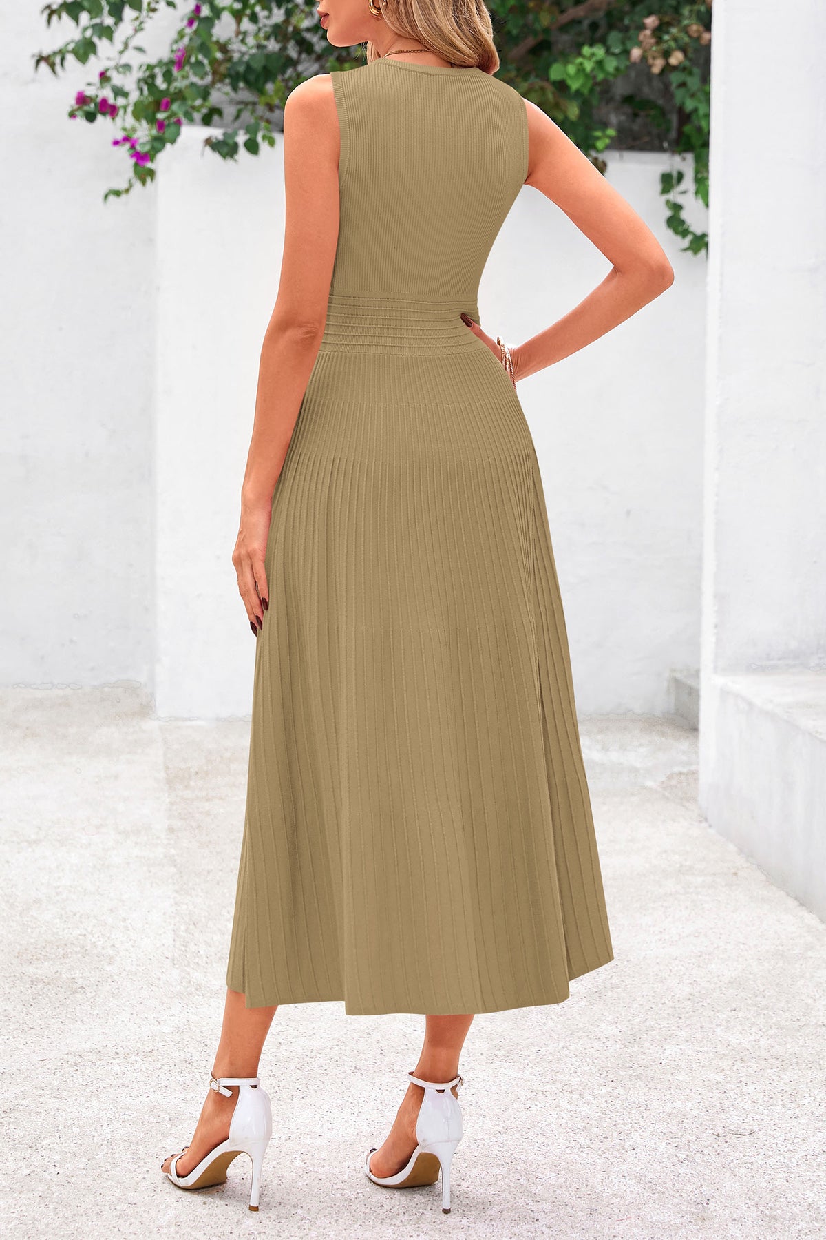 Women's Summer Midi Dresses 2025 Sleeveless Crewneck Knit A Line Pleated Swing Wedding Guest Casual Tank Dress