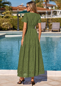 PRETTYGARDEN Short Sleeve Spring Dresses for Women Elegant Classy Boho High Waist A Line Pleated Wedding Guest Dress PRETTYGARDEN
