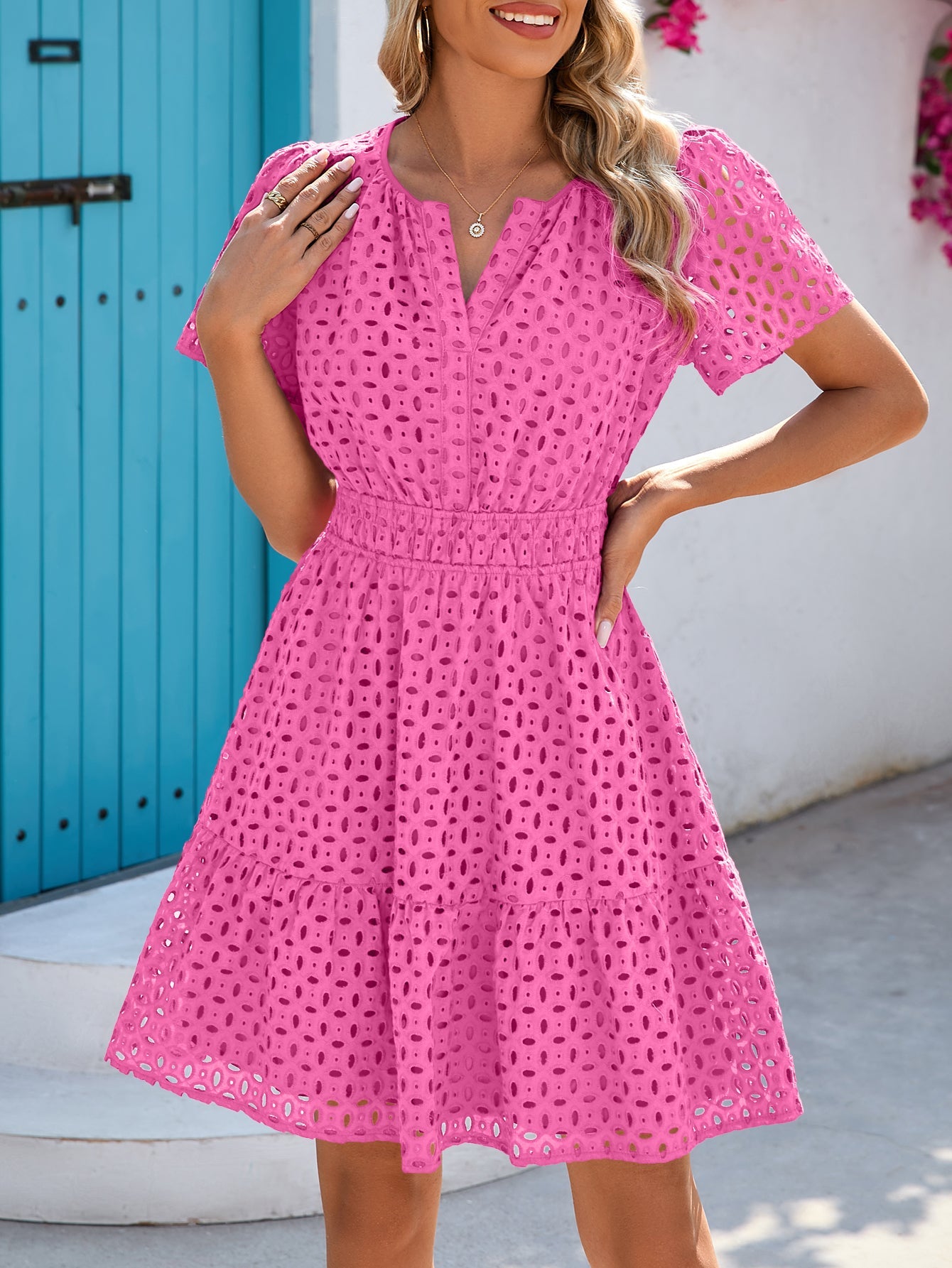 PRETTYGARDEN Women Summer Short Dress V Neck Short Sleeve A Line Hollo PRETTYGARDEN Women Summer Short Dress V Neck Short Sleeve A Line Hollo