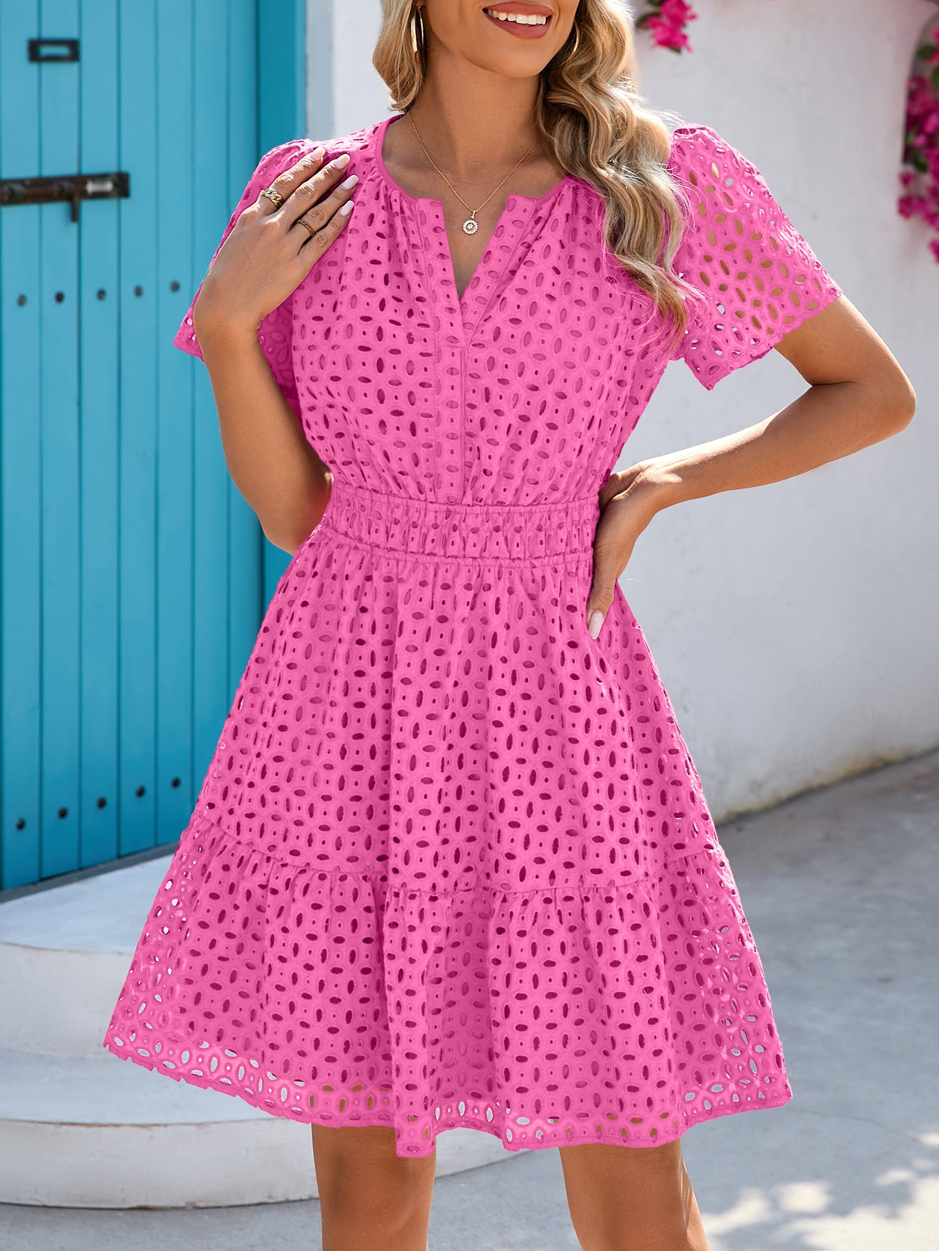 PRETTYGARDEN Women Summer Short Dress V Neck Short Sleeve A Line Hollow Out Lace Ruffle Cute Casual Beach Party Dresses