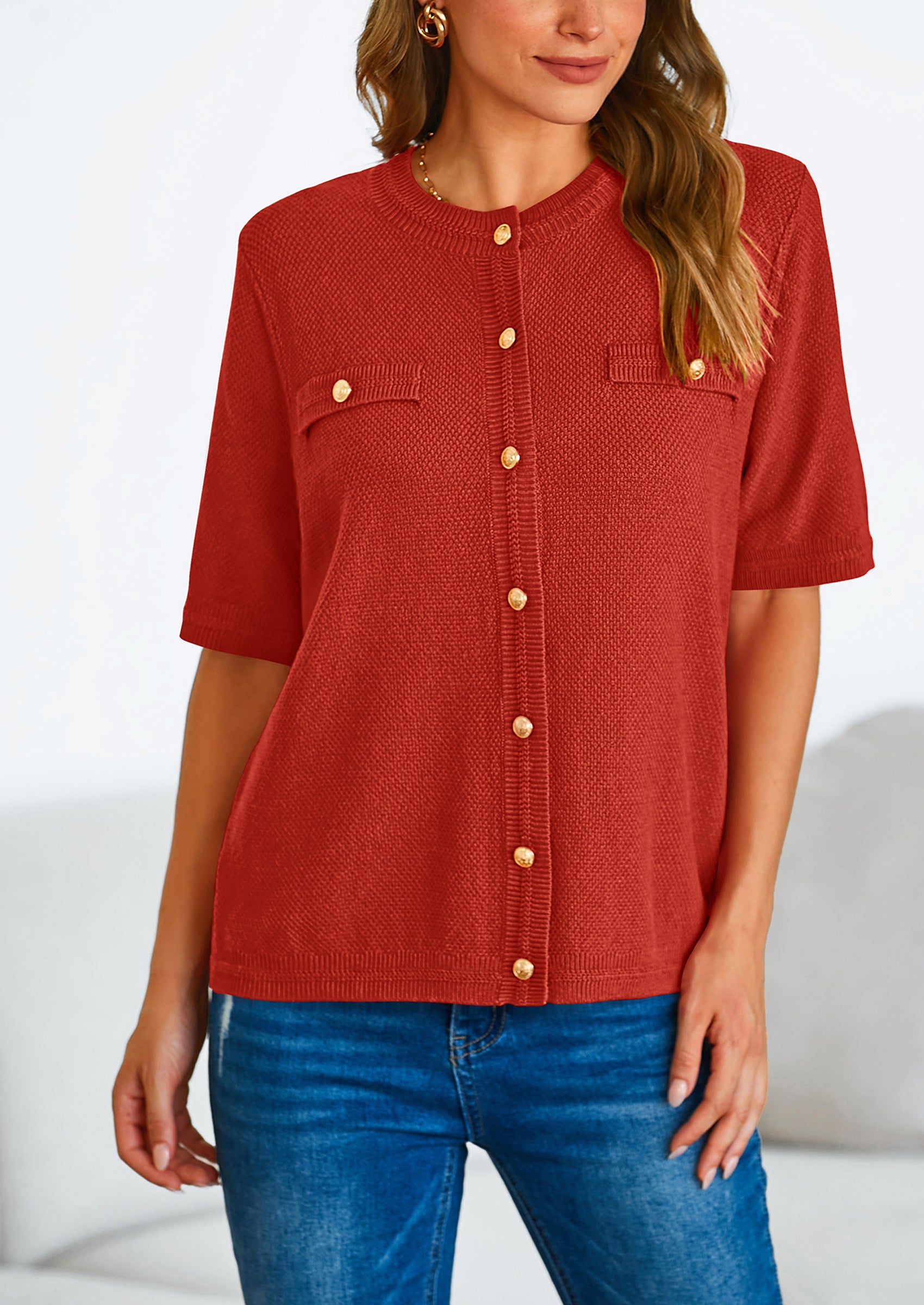 PRETTYGARDEN Women's Summer Button Down Shirts Casual Short Sleeve Crew Neck Ribbed Knit Blouse Top Cardigans