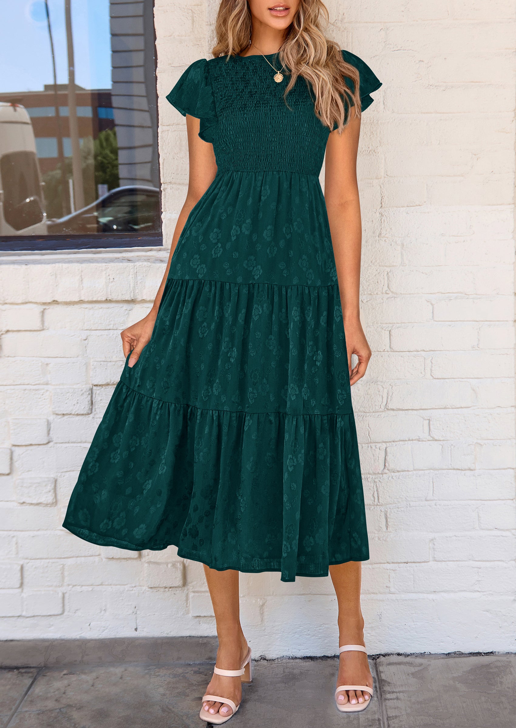 PRETTYGARDEN Midi Dress for Women Summer Floral Cap Sleeve Smocked Ruffle A Line Long Flowy Wedding Guest Dresses