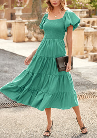 PRETTYGARDEN Women's Summer Casual Midi Dress Puffy Short Sleeve Square Neck Smocked Tiered Ruffle Dresses