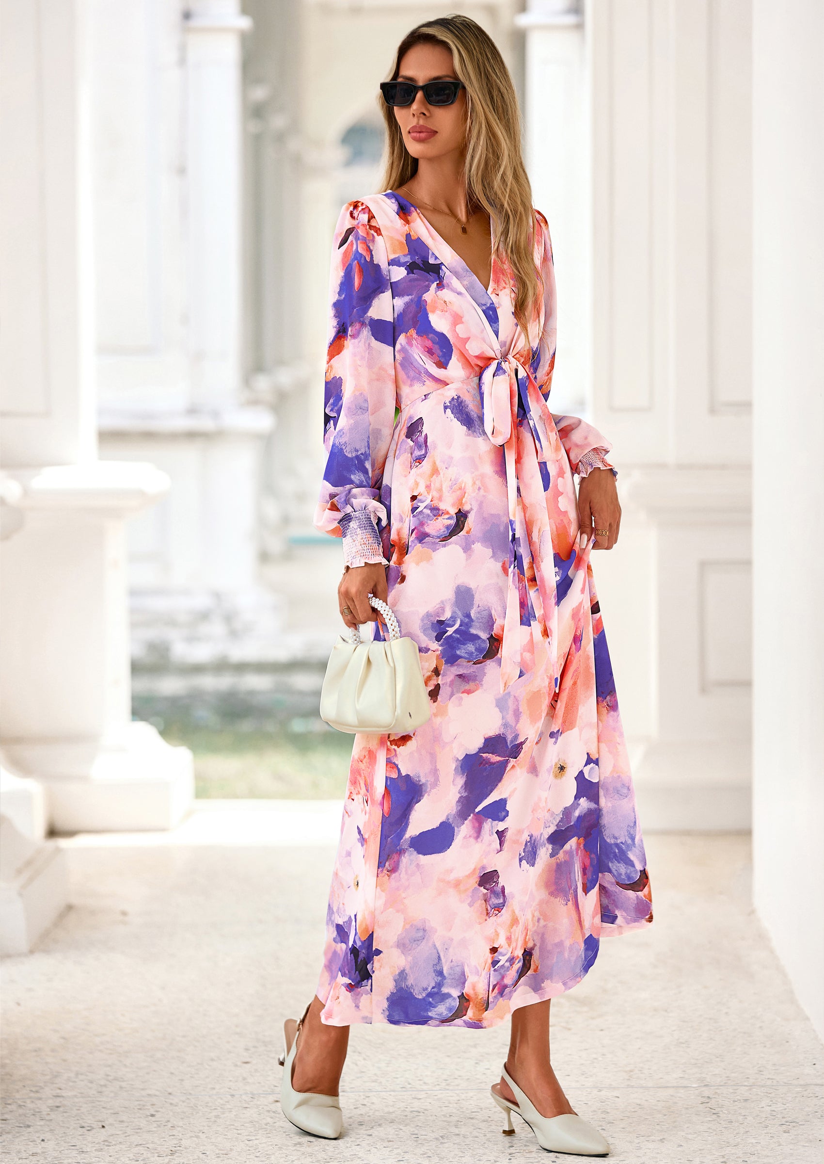 PRETTYGARDEN Women's Fall Boho Maxi Dress Floral Long Sleeve V Neck Flowy Belted Elegant Holiday Party Dresses