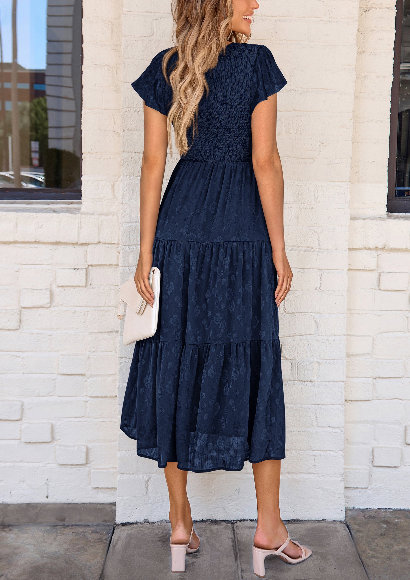 PRETTYGARDEN Midi Dress for Women Summer Floral Cap Sleeve Smocked Ruffle A Line Long Flowy Wedding Guest Dresses