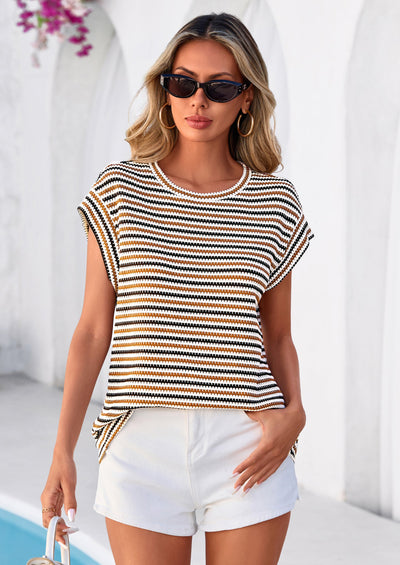 PRETTYGARDEN Women's Spring Vest Tops Cap Sleeve Striped Shirt Knit Tank Top Summer Beach Vacation Clothes PRETTYGARDEN