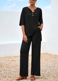 PRETTYGARDEN Women's 2 Piece Outfits Summer Casual V Neck Short Sleeve Tops Wide Leg Pants Matching Lounge Sets