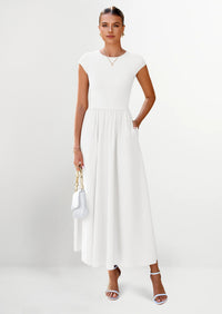 PRETTYGARDEN Women's Casual Long Dresses Cap Sleeve Patchwork A Line Flowy Modest Elegant Homecoming Maxi Dress