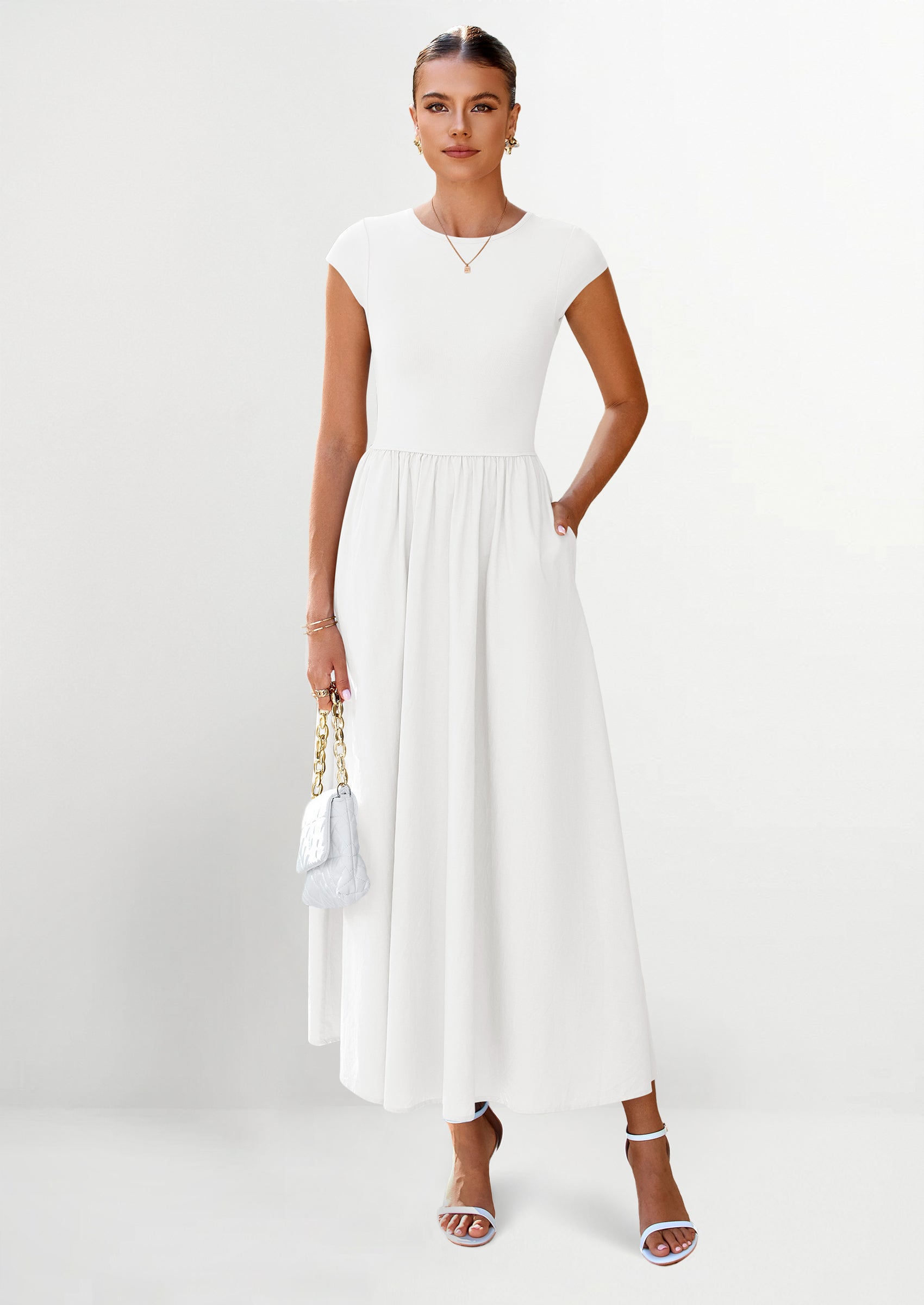 PRETTYGARDEN Women's Casual Long Dresses Cap Sleeve Patchwork A Line Flowy Modest Elegant Homecoming Maxi Dress