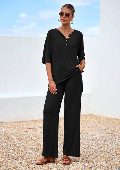 PRETTYGARDEN Women's 2 Piece Outfits Summer Casual V Neck Short Sleeve Tops Wide Leg Pants Matching Lounge Sets