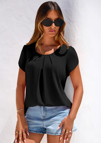 PRETTYGARDEN Summer Tops for Women Short Sleeve Crew Neck Pleated T Shirts Dressy Casual Blouses Spring Fashion Clothes PRETTYGARDEN