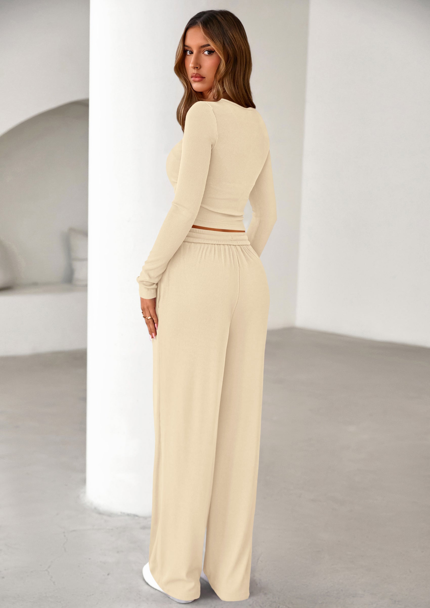 PRETTYGARDEN Women's Fall Trendy 2 Piece Outfits Lounge Sets Long Sleeve Top Henley Shirts Wide Leg Pants Travel Clothes