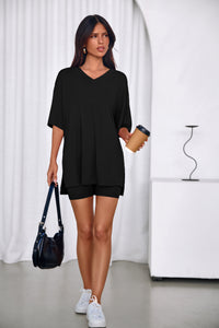 PRETTYGARDEN 2 Piece Sets for Women Summer Lounge Short Set Spring Matching Biker Shorts V Neck Oversized Shirt Clothing PRETTYGARDEN