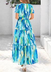 Summer Boho Floral Short Sleeve V Neck A Line Tiered Ruffle Flowy Long Beach Vacation Maxi Dresses