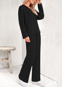 PRETTYGARDEN Women's 2 Piece Lounge Sets Ribbed Knit Long Sleeve V Neck Pullover Tops Wide Leg Pants Spring Fall Outfits