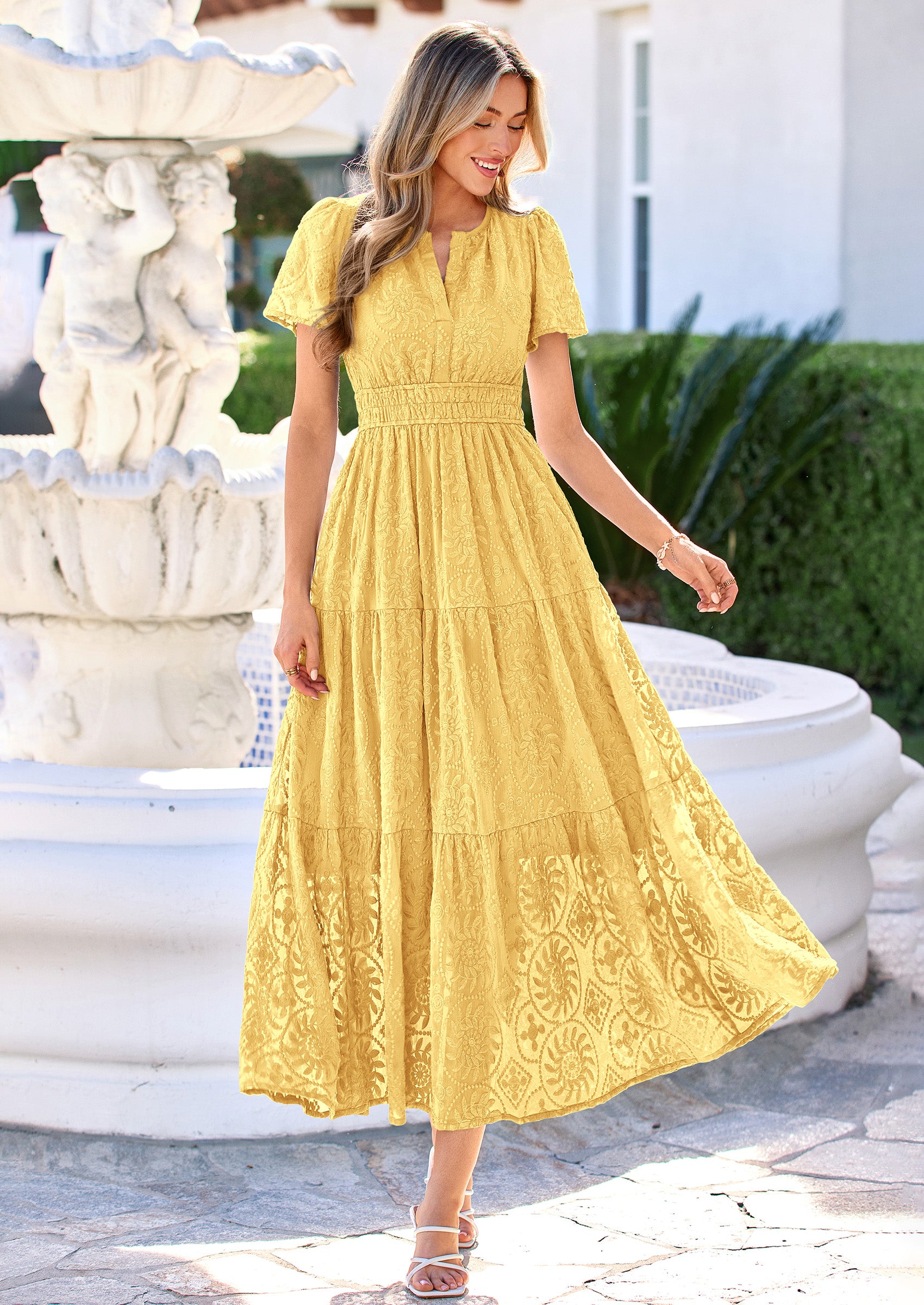 PRETTYGARDEN Womens Boho Maxi Dress Floral Summer Spring Short Sleeve V Neck A Line Embroidered Beach Vacation Dresses