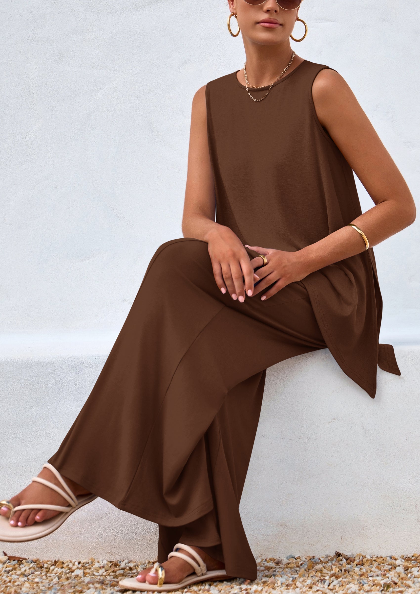 PRETTYGARDEN Women's Two Piece Matching Lounge Sets Asymmetrical Split Tank Tops Wide Leg Pants Summer Outfits Tracksuit