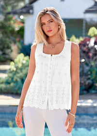 PRETTYGARDEN Womens Tank Tops Summer Button Down Shirts Embroidered Eyelet Dressy Casual Blouses Beach Vacation Clothes