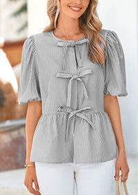 PRETTYGARDEN Women's Tie Front Striped Shirt Summer Trendy Fashion Cute Babydoll Tops Peplum Puffy Sleeve Blouse