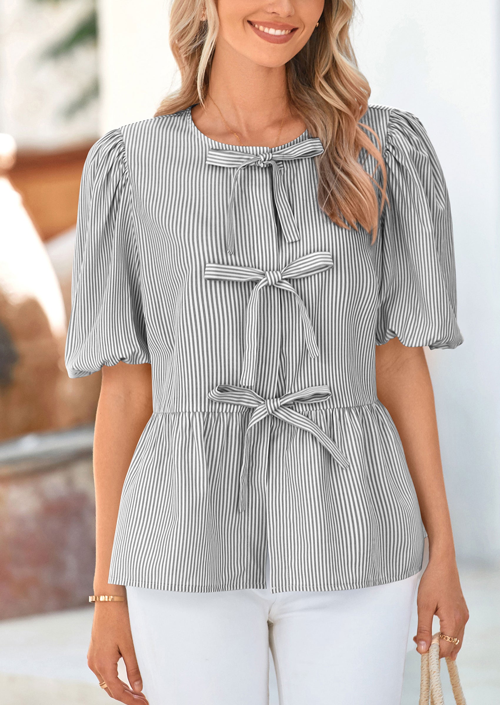 PRETTYGARDEN Women's Tie Front Striped Shirt Summer Trendy Fashion Cute Babydoll Tops Peplum Puffy Sleeve Blouse