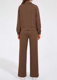 PRETTYGARDEN Women's 2 Piece Outfits Casual Lapel Half Zip Sweatshirts And Wide Leg Pants Tracksuit Sets