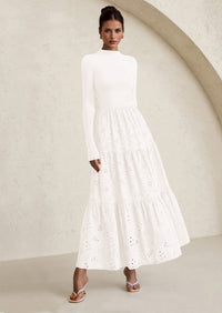 PRETTYGARDEN Long Sleeve Dress for Women Fall Eyelet Mock Neck A Line Elegant Classy Maxi Wedding Guest Dresses Pockets