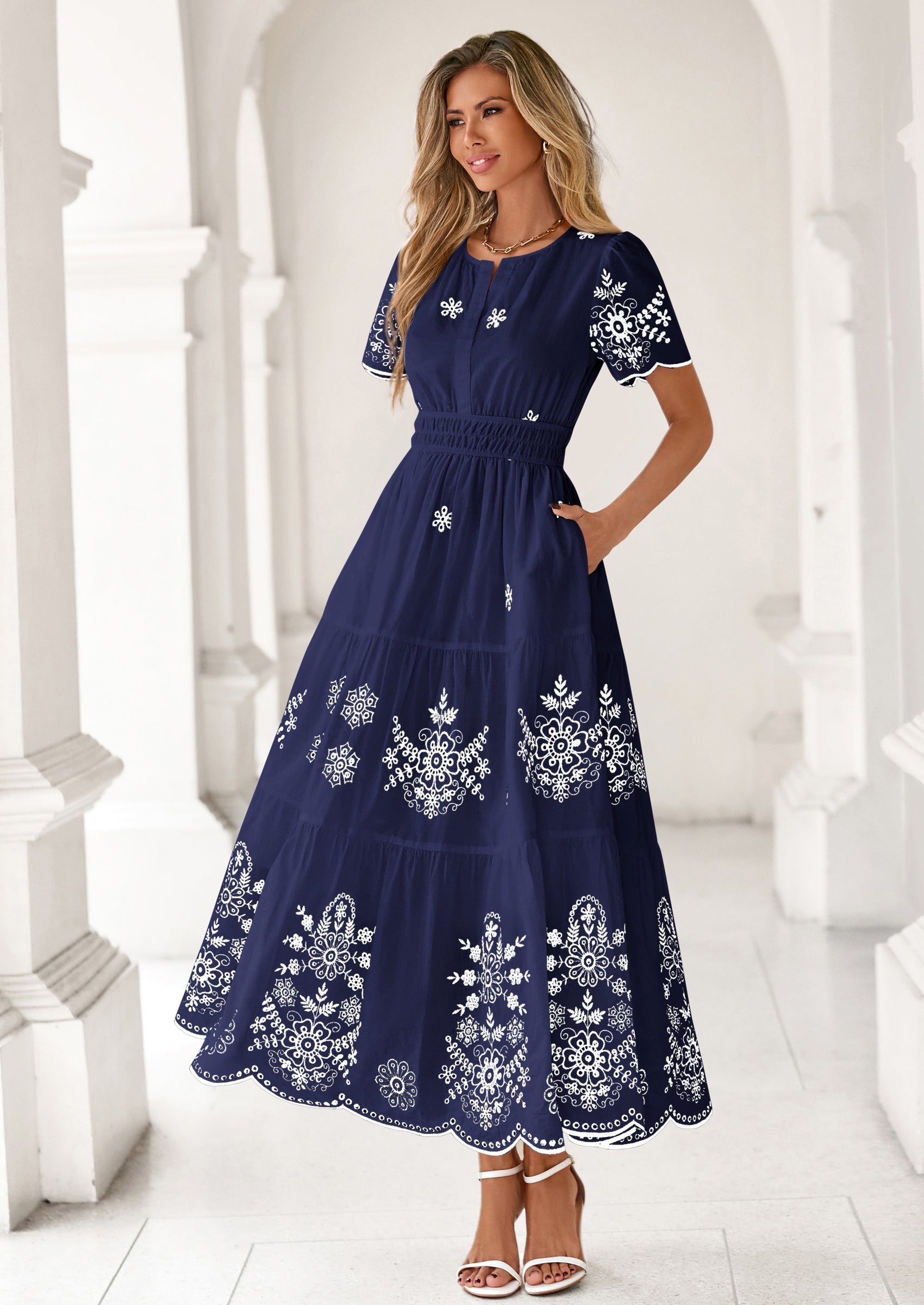 PRETTYGARDEN Boho Dresses for Women Summer Spring Casual Floral Short Sleeve V Neck Maxi Elastic Waist Dress Pockets PRETTYGARDEN