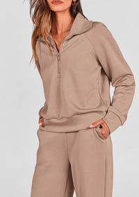 PRETTYGARDEN Women's 2 Piece Outfits Casual Lapel Half Zip Sweatshirts And Wide Leg Pants Tracksuit Sets