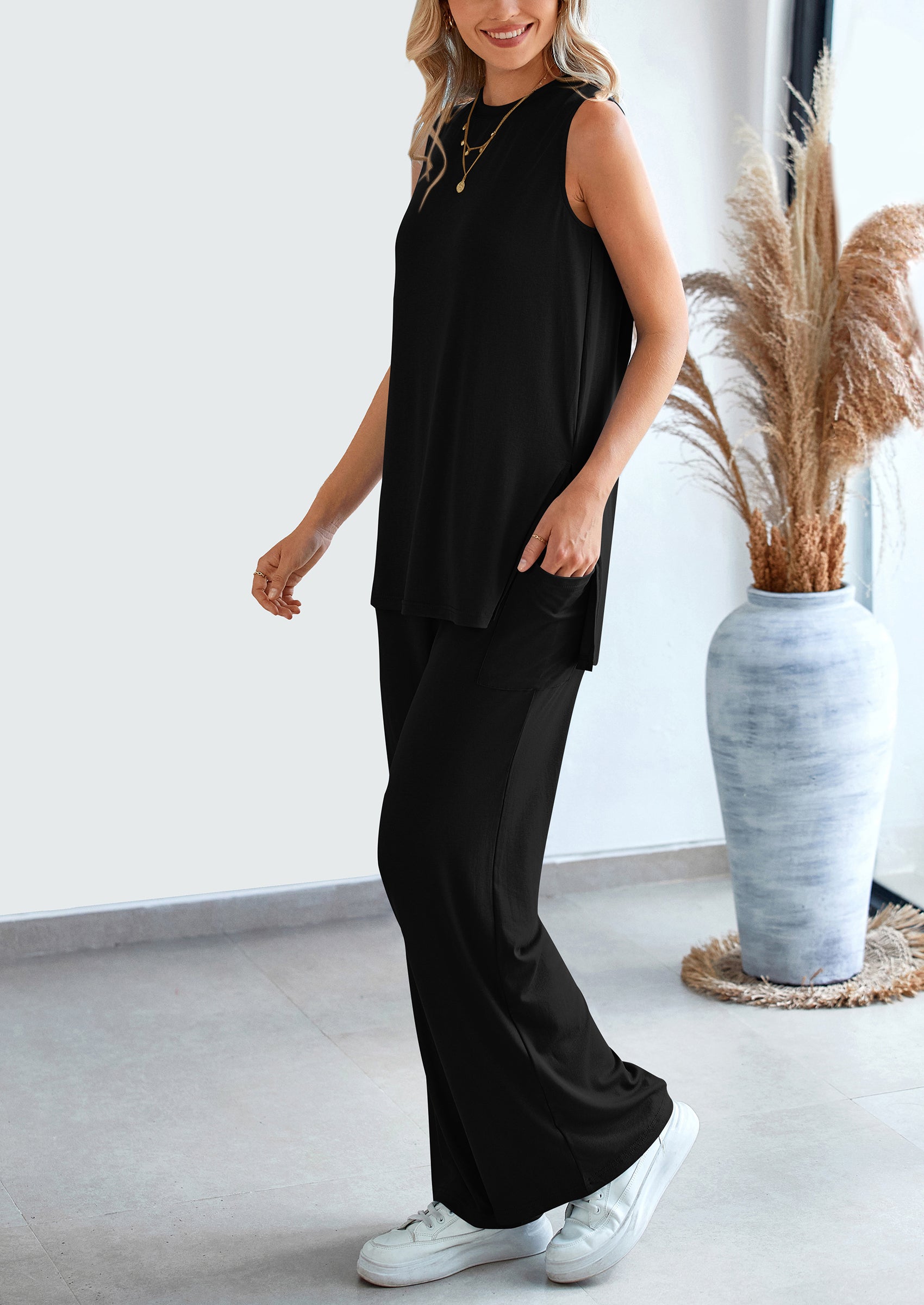 PRETTYGARDEN 2 Piece Set Loose Tank Top Wide Leg Pants Casual Matching Outfits Tracksuit