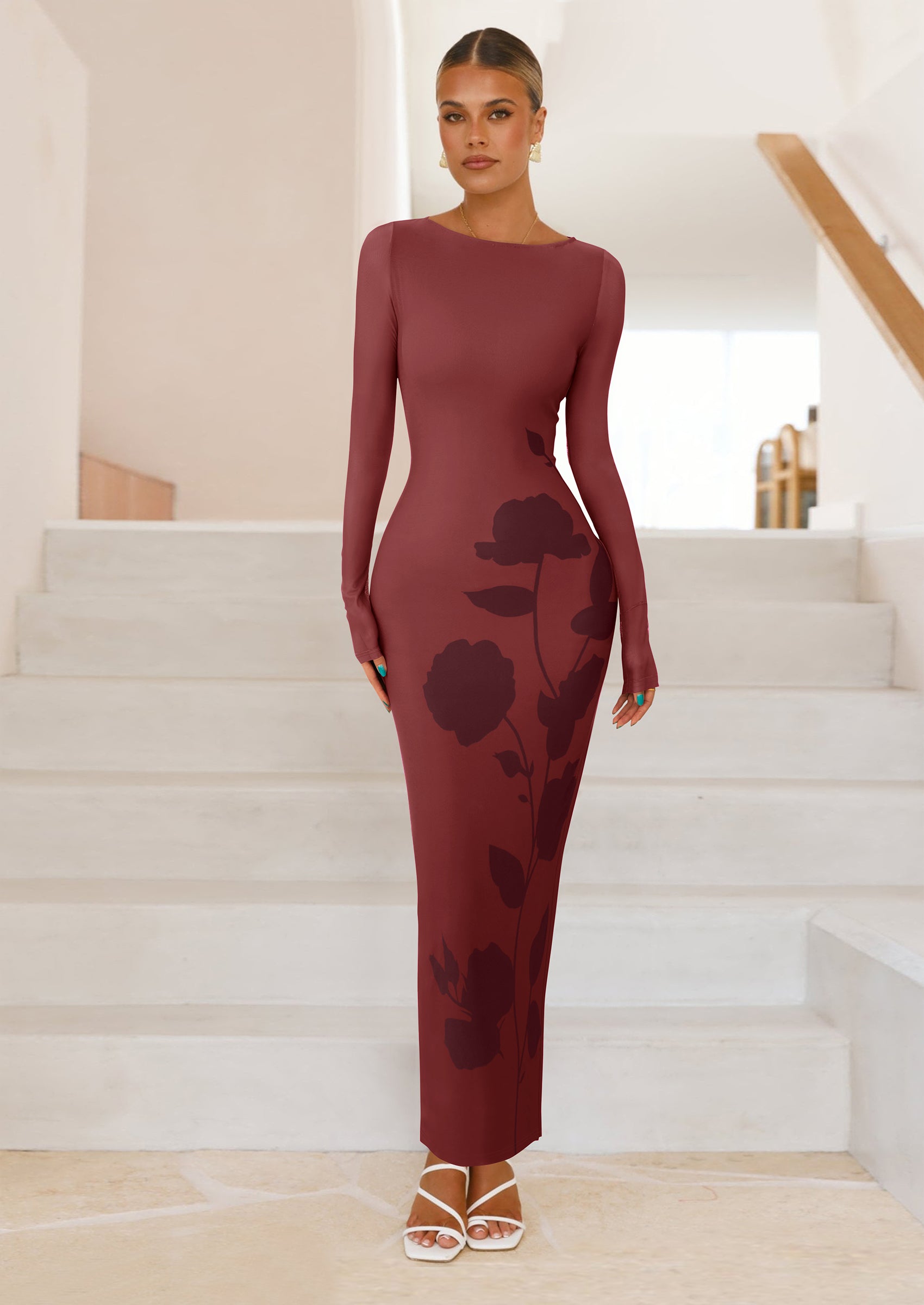 PRETTYGARDEN Bodycon Maxi Dress Fall Floral Long Sleeve Sexy Mesh Cocktail Wedding Guest Long Dresses