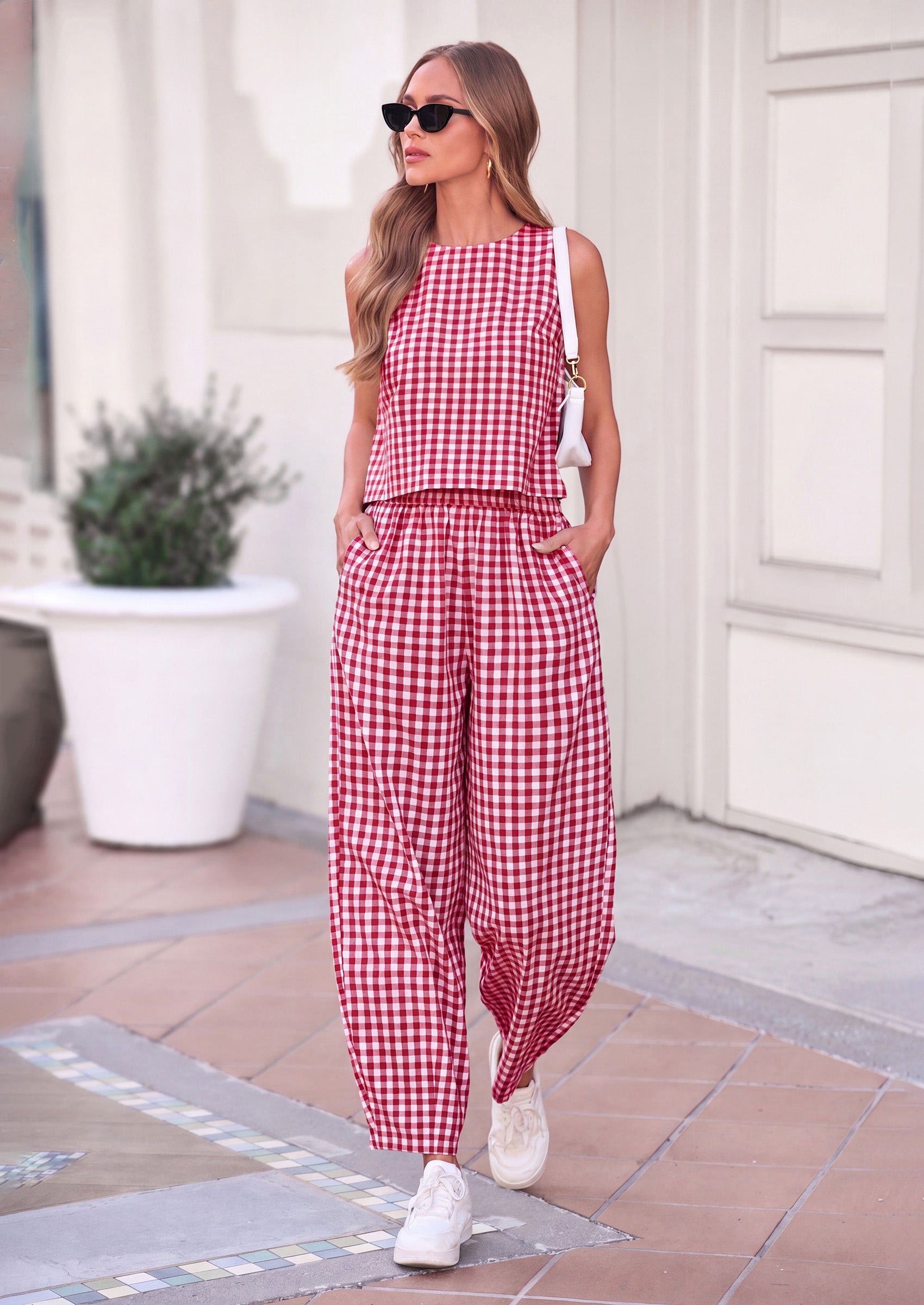 PRETTYGARDEN Womens 2 Piece Sets Summer Plaid Sleeveless Tops Wide Leg Pants Matching Lounge Set Beach Vacation Outfits