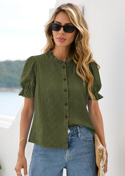 PRETTYGARDEN Womens Puff Short Sleeve Tops Summer Spring Button Down Boho Embroidered Cute Blouse Dressy Casual Shirts