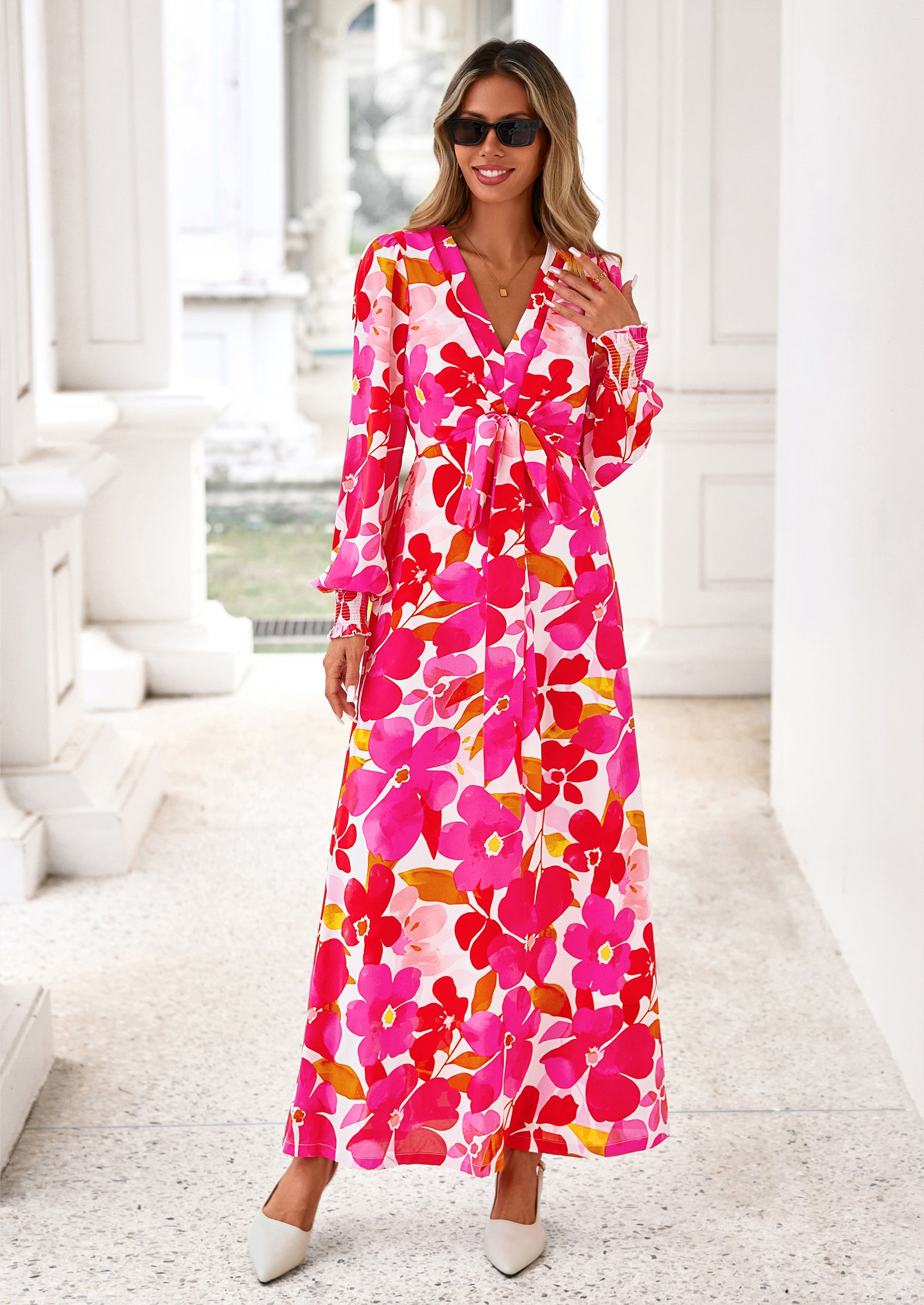 PRETTYGARDEN Women's Fall Boho Maxi Dress Floral Long Sleeve V Neck Flowy Belted Elegant Holiday Party Dresses