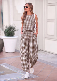 PRETTYGARDEN Womens 2 Piece Sets Summer Plaid Sleeveless Tops Wide Leg Pants Matching Lounge Set Beach Vacation Outfits