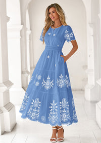 PRETTYGARDEN Boho Dresses for Women Summer Spring Casual Floral Short Sleeve V Neck Maxi Elastic Waist Dress Pockets PRETTYGARDEN