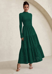 PRETTYGARDEN Long Sleeve Dress for Women Fall Eyelet Mock Neck A Line Elegant Classy Maxi Wedding Guest Dresses Pockets