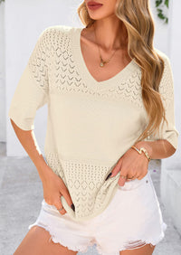 PRETTYGARDEN Women's Short Sleeve Sweater Tops Spring Summer Casual V Neck Ribbed Knit Trendy Eyelet Blouse T Shirts