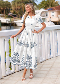 PRETTYGARDEN Boho Dresses for Women Summer Spring Casual Floral Short Sleeve V Neck Maxi Elastic Waist Dress Pockets