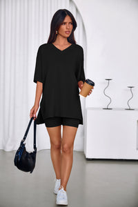 PRETTYGARDEN 2 Piece Sets for Women Summer Lounge Short Set Spring Matching Biker Shorts V Neck Oversized Shirt Clothing PRETTYGARDEN