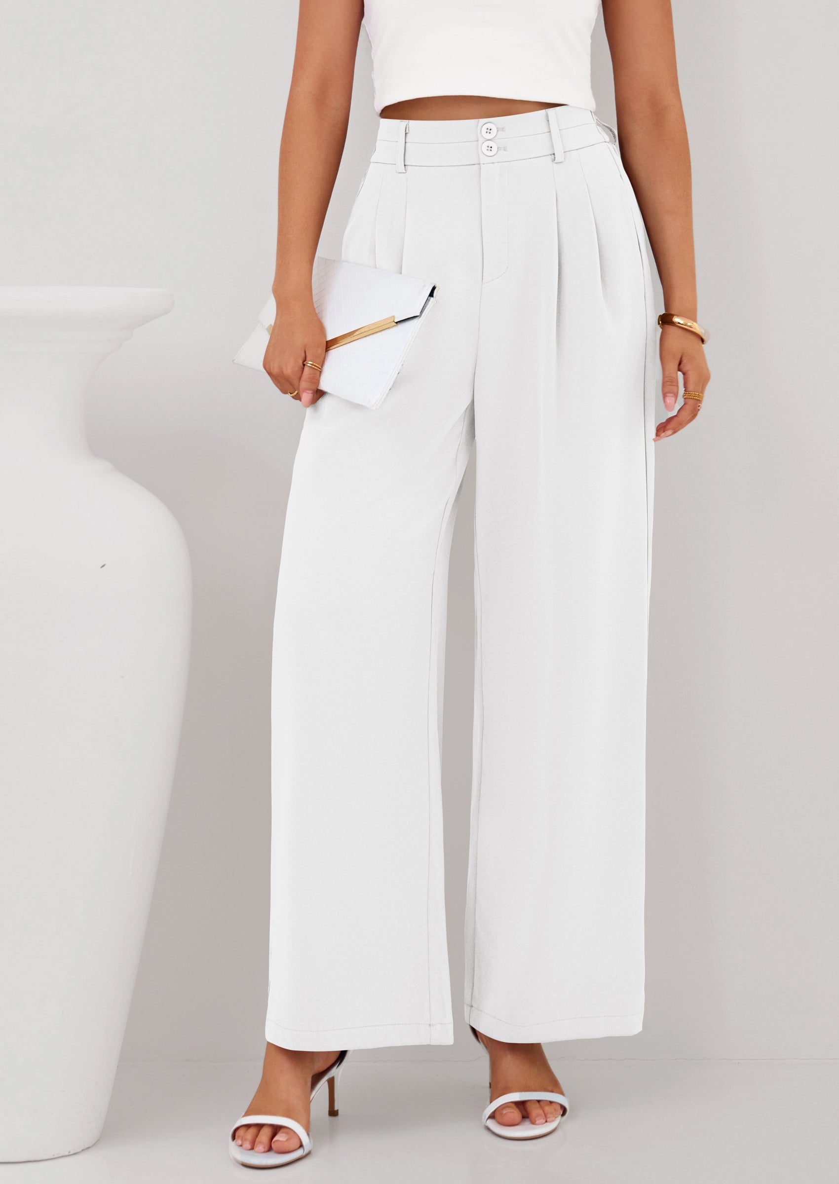 PRETTYGARDEN Womens Spring Wide Leg Palazzo Pants Trendy Loose Button High Waist Pleated Work Business Casual Trousers PRETTYGARDEN