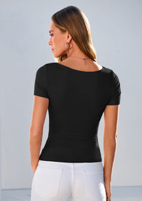 PRETTYGARDEN Women's Summer Asymmetrical Y2K Tops Trendy Ribbed Short Sleeve Fitted Tee Shirts Spring Fashion Clothing