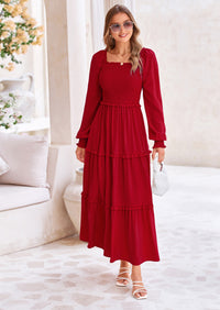 PRETTYGARDEN Fall Wedding Guest Dresses for Women Long Sleeve Square Neck Tiered A Line Modest Elegant Flowy Dresses