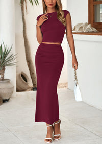 PRETTYGARDEN Summer 2 Piece Sets for Women Going Out Casual Cap Sleeve Crop Tops Ruched Maxi Long Skirts Spring Outfits