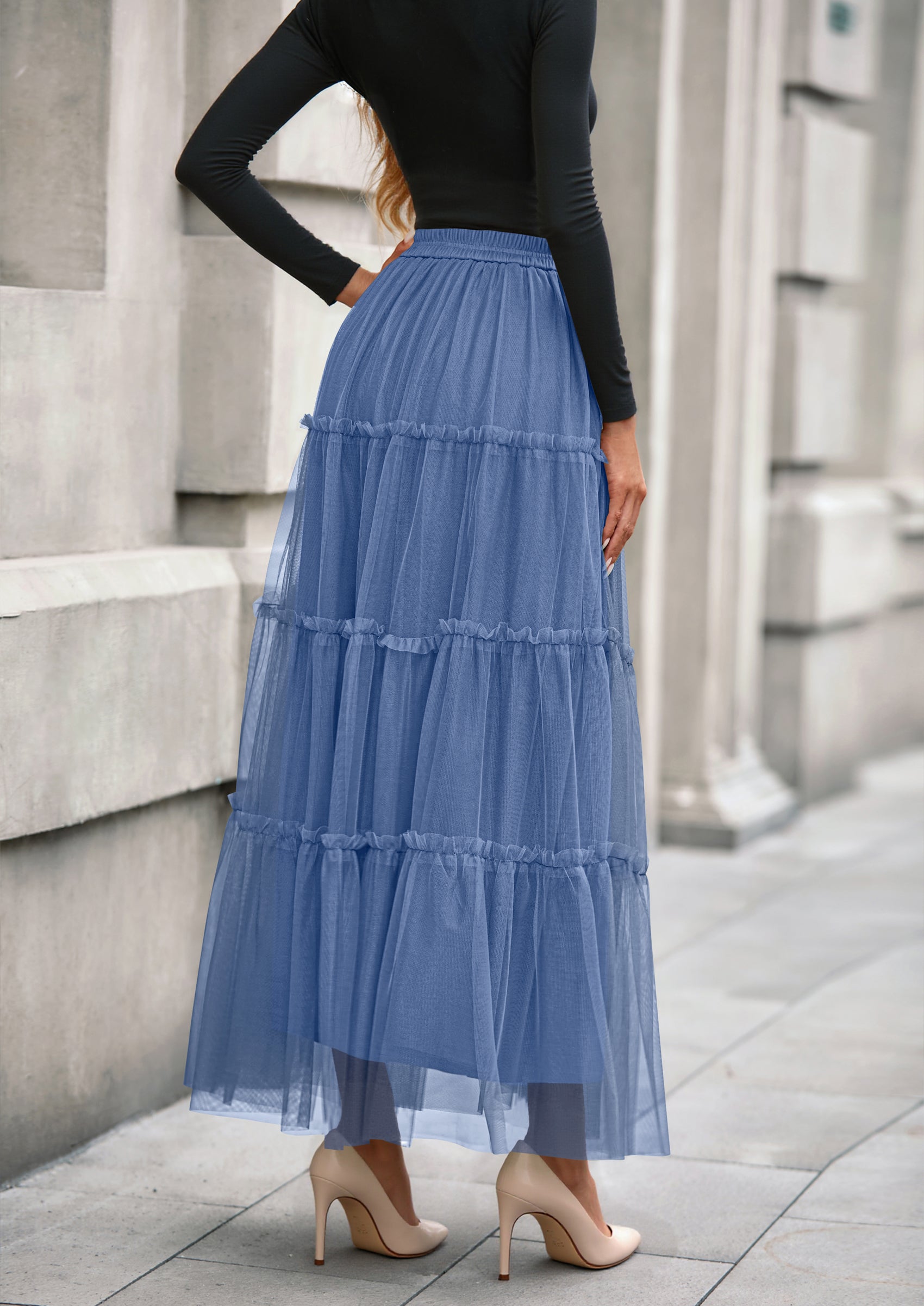 PRETTYGARDEN Maxi Skirts for Women Fall Tulle High Waisted Ruffle Flowy A-Line Long Skirt Country Concert Outfits