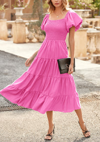 PRETTYGARDEN Women's Summer Casual Midi Dress Puffy Short Sleeve Square Neck Smocked Tiered Ruffle Dresses