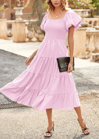 PRETTYGARDEN Women's Summer Casual Midi Dress Puffy Short Sleeve Square Neck Smocked Tiered Ruffle Dresses