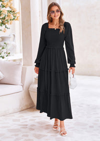 PRETTYGARDEN Fall Wedding Guest Dresses for Women Long Sleeve Square Neck Tiered A Line Modest Elegant Flowy Dresses
