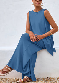 PRETTYGARDEN Women's Two Piece Matching Lounge Sets Asymmetrical Split Tank Tops Wide Leg Pants Summer Outfits Tracksuit