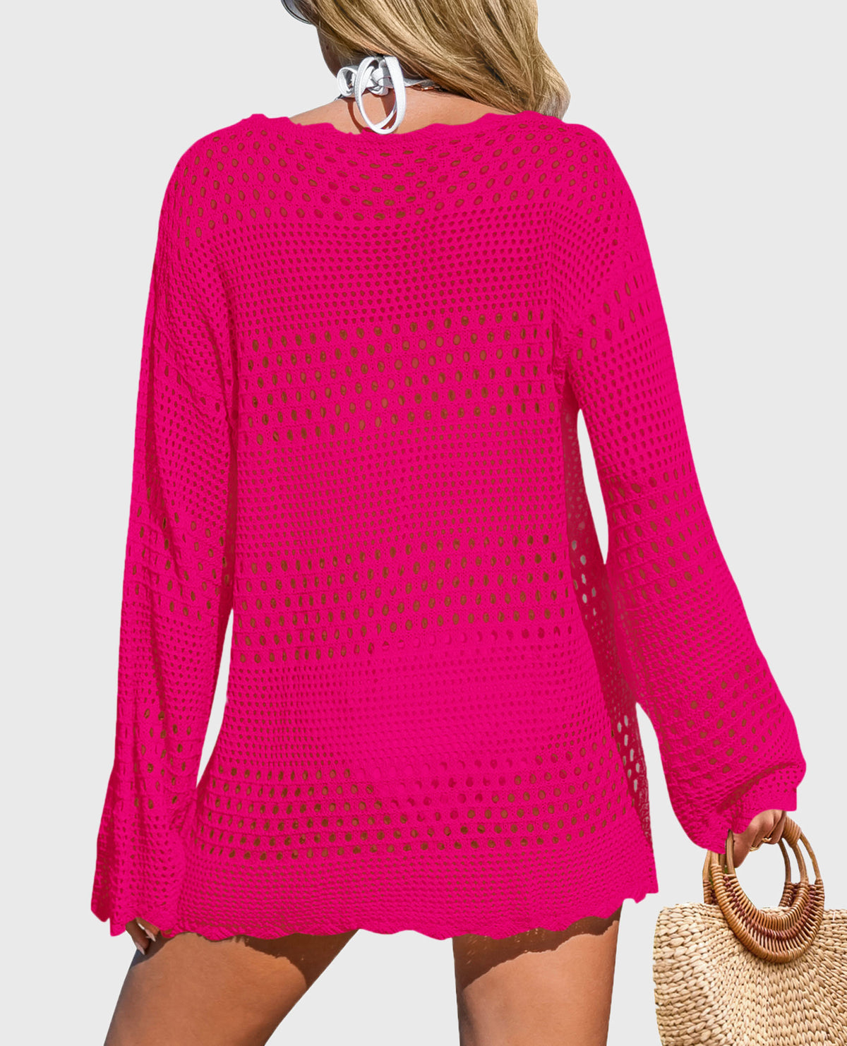 Long Sleeve Knit Crochet Bathing Beach Vacation Cover Up Dresses