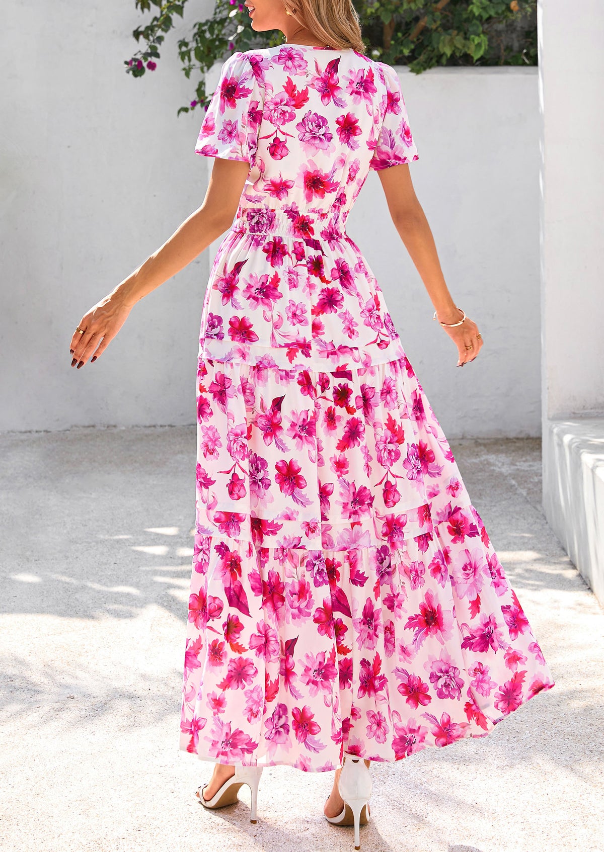 Summer Boho Floral Short Sleeve V Neck A Line Tiered Ruffle Flowy Long Beach Vacation Maxi Dresses